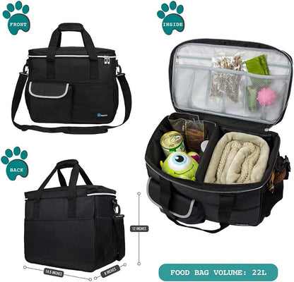 Dog Travel Bag, Travel Pet Bag Organizer, Dog Food Travel Bag with Container Collapsible Bowls, Pet Travel Supplies Gift Accessories for Weekend Camping, Puppy Cat Diaper Bag, Black Medium