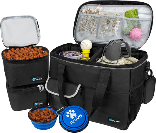 Dog Travel Bag, Travel Pet Bag Organizer, Dog Food Travel Bag with Container Collapsible Bowls, Pet Travel Supplies Gift Accessories for Weekend Camping, Puppy Cat Diaper Bag, Black Medium